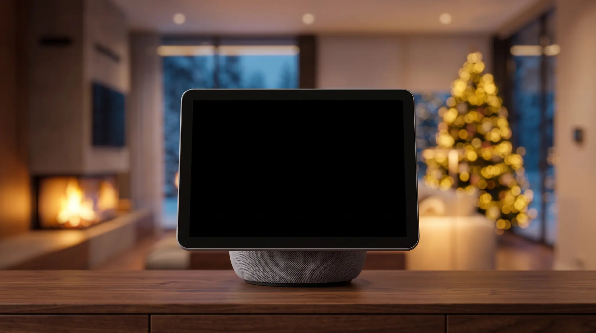 Echo Show kijelző a komódon, a háttérben elmosódott karácsonyi fények