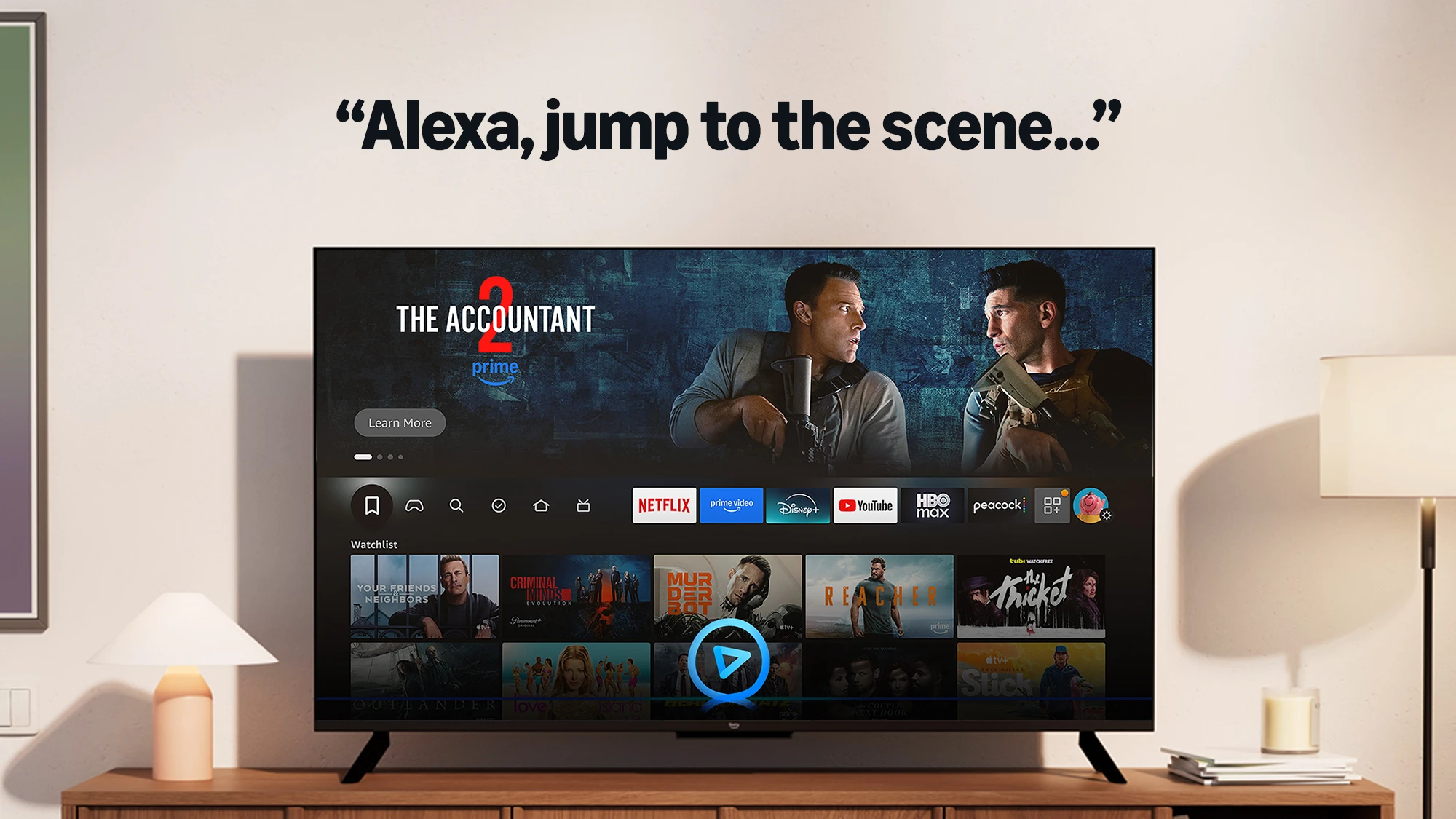 Fire TV Alexa+ Jump to the Scene vizualizáció – egy felhasználó jelenetekre mutat, az AI azonnal oda ugrik. ALT szöveg: "Fire TV Alexa+ Jump to the Scene – AI jelenetkeresés szóban a Prime Video-n